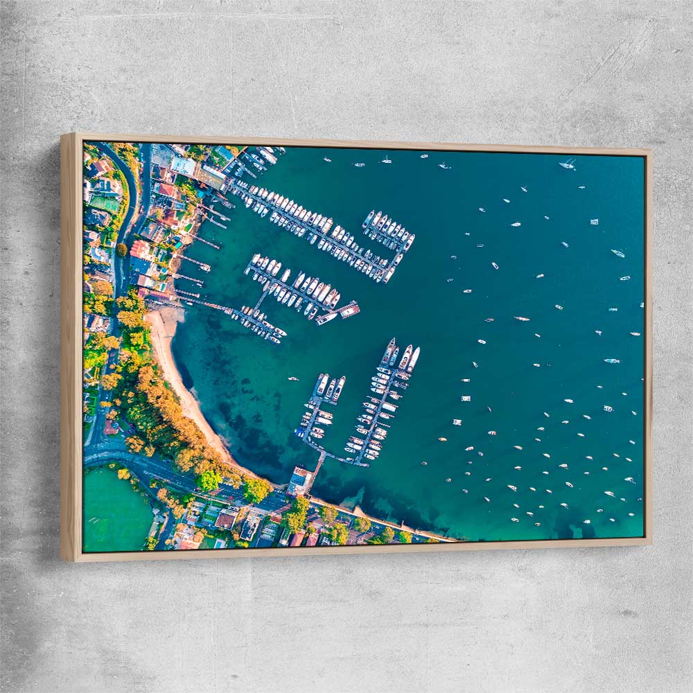 Beach and coastal wall art print of Point Piper Piers with raw oak framed canvas
