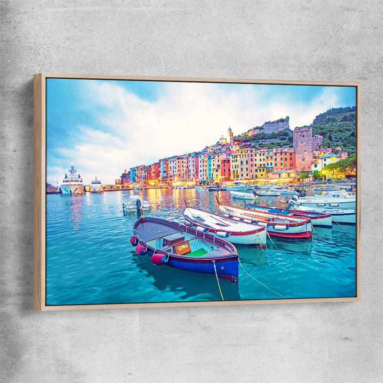 Beach and coastal wall art print of Porto Venere with raw oak framed canvas