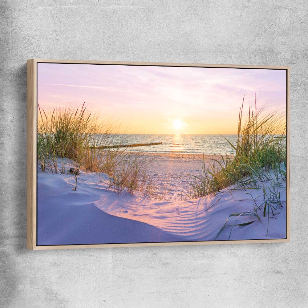 Beach and coastal wall art print of Pristine Beach Sunset with raw oak framed canvas