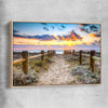 Beach and coastal wall art print of Quiet Sunset Walk with raw oak framed canvas