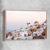 Beach and coastal wall art print of Santorini Sunrise with raw oak framed canvas