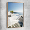 Beach and coastal wall art print of Santorini Walkway with raw oak framed canvas