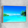 Beach and coastal wall art print of Serene Island Waters with raw oak framed canvas