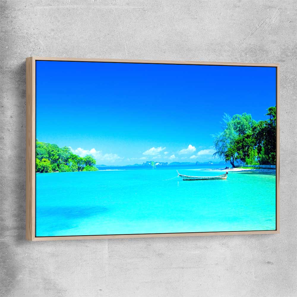 Beach and coastal wall art print of Serene Island Waters with raw oak framed canvas
