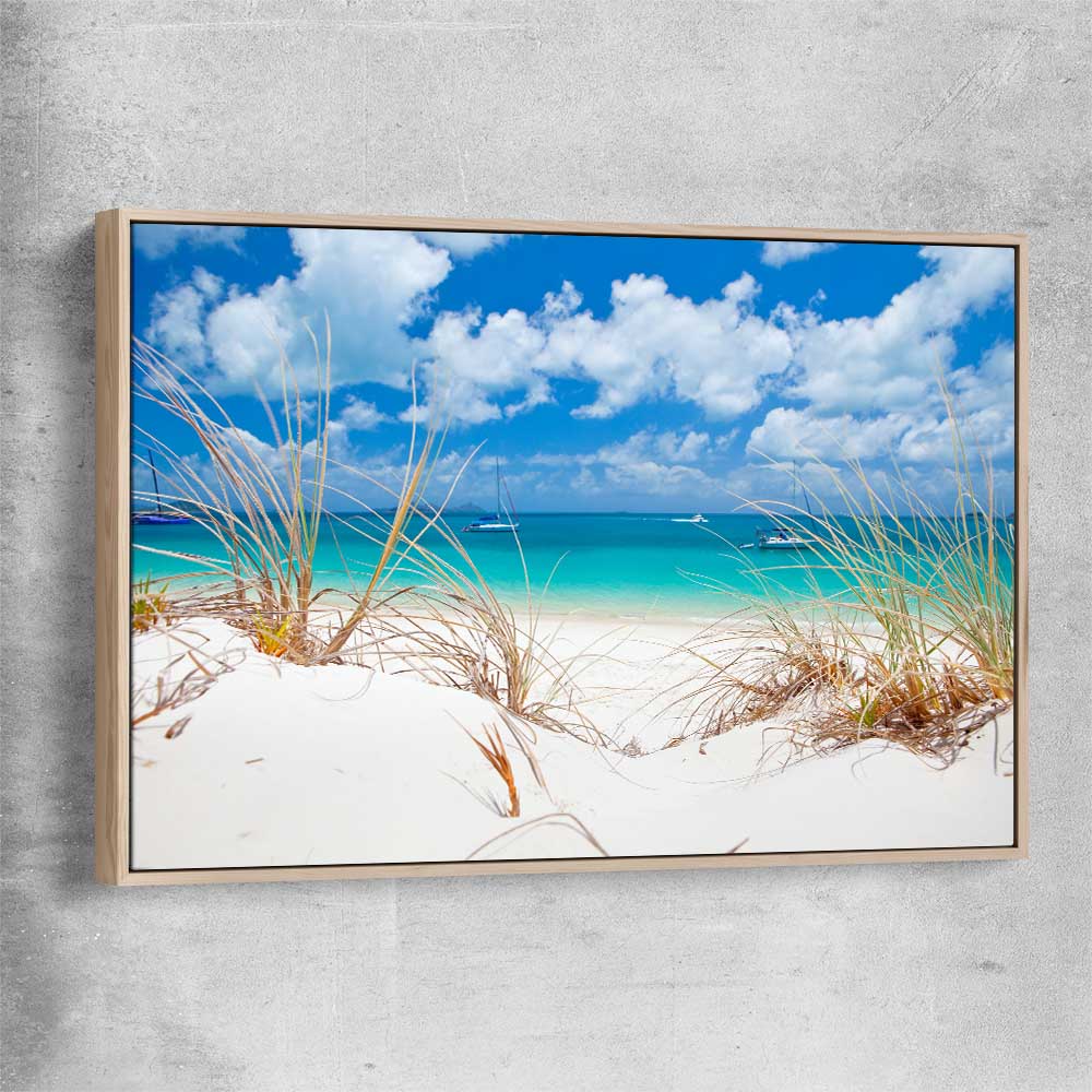 Beach and coastal wall art print of Serene Whitehaven Beach with raw oak framed canvas