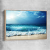 Beach and coastal wall art print of Seychelles Beach Waves with raw oak framed canvas