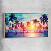 Beach and coastal wall art print of Sunset Palm Glow with raw oak framed canvas