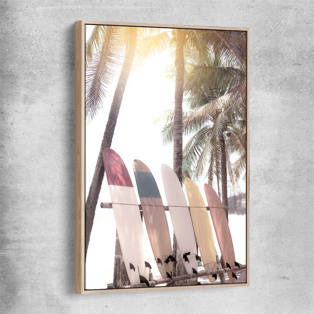 Beach and coastal wall art print of Surf Sunset with raw oak framed canvas