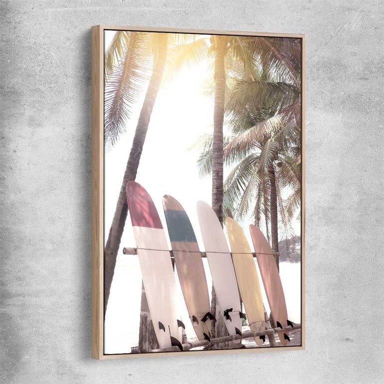 Beach and coastal wall art print of Surf Sunset with raw oak framed canvas