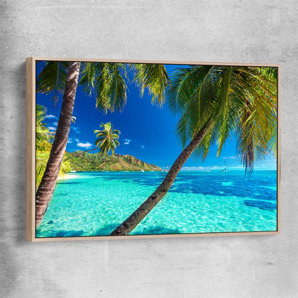 Beach and coastal wall art print of Tahiti Paradise with raw oak framed canvas