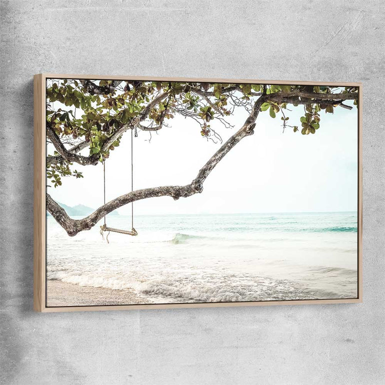 Beach and coastal wall art print of Tropical Beach with raw oak framed canvas