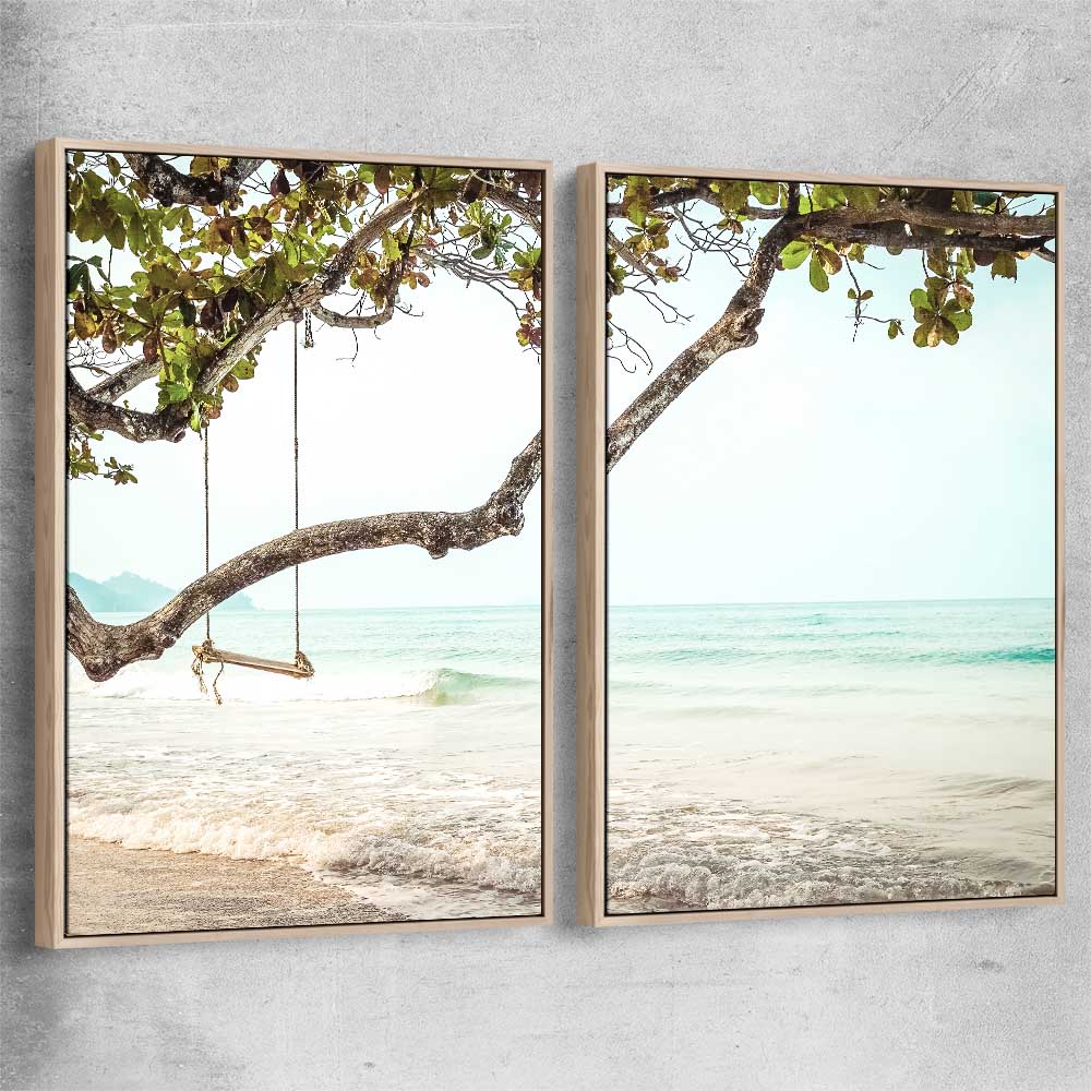 Beach and coastal wall art print of Tropical Beach Pair with raw oak framed canvas