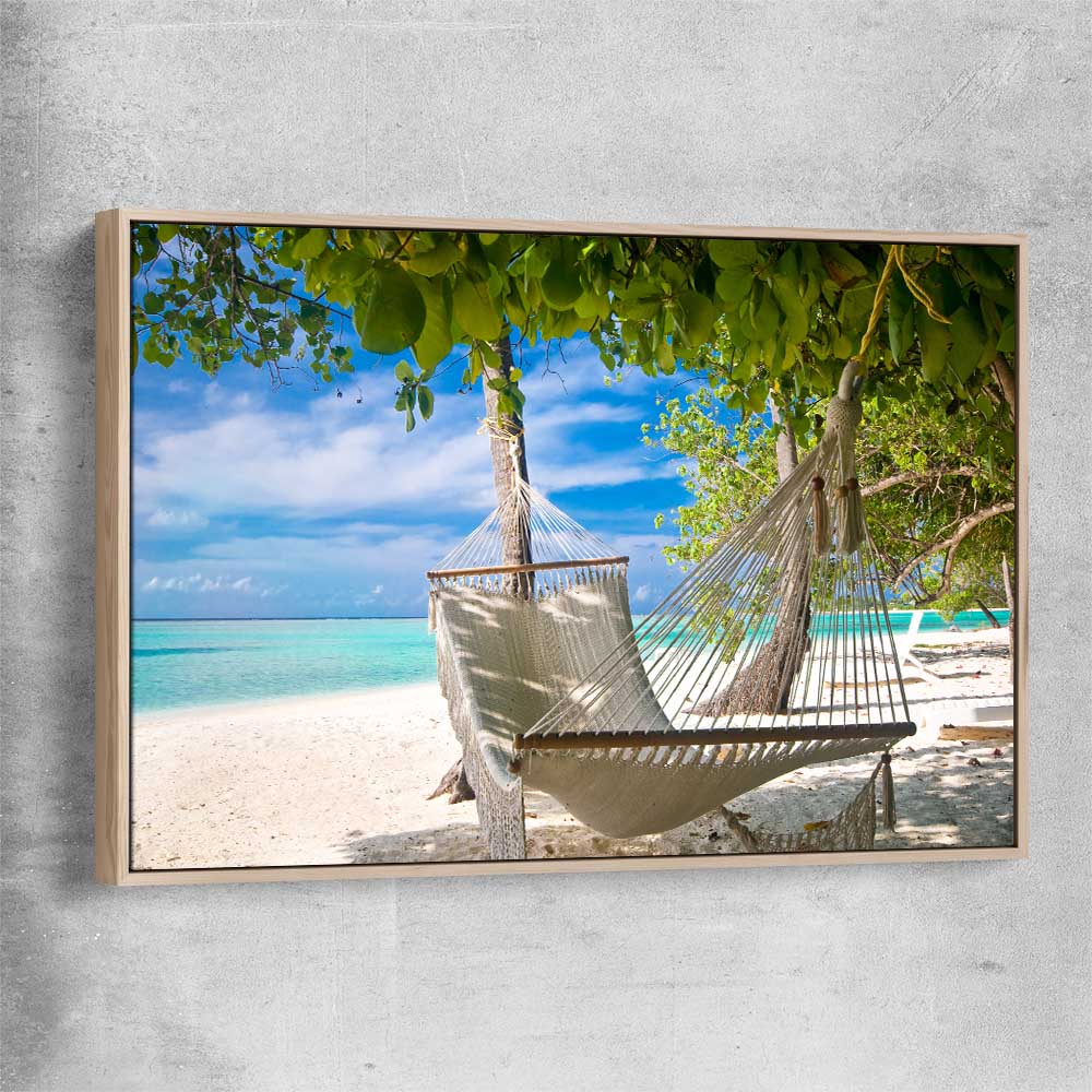 Beach and coastal wall art print of Tropical Bliss with raw oak framed canvas