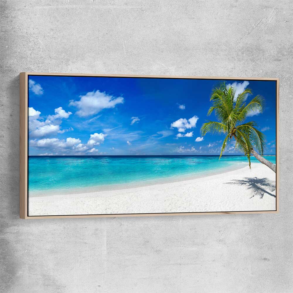 Beach and coastal wall art print of Tropical Escape with raw oak framed canvas