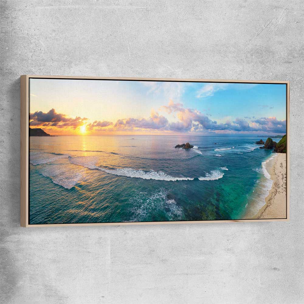 Beach and coastal wall art print of Tropical Surfers Beach with raw oak framed canvas