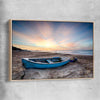 Beach and coastal wall art print of Vintage Fishing Boat with raw oak framed canvas