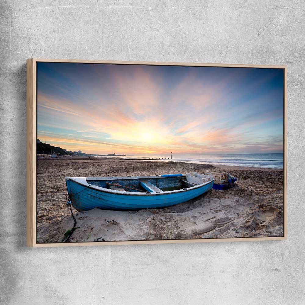 Beach and coastal wall art print of Vintage Fishing Boat with raw oak framed canvas