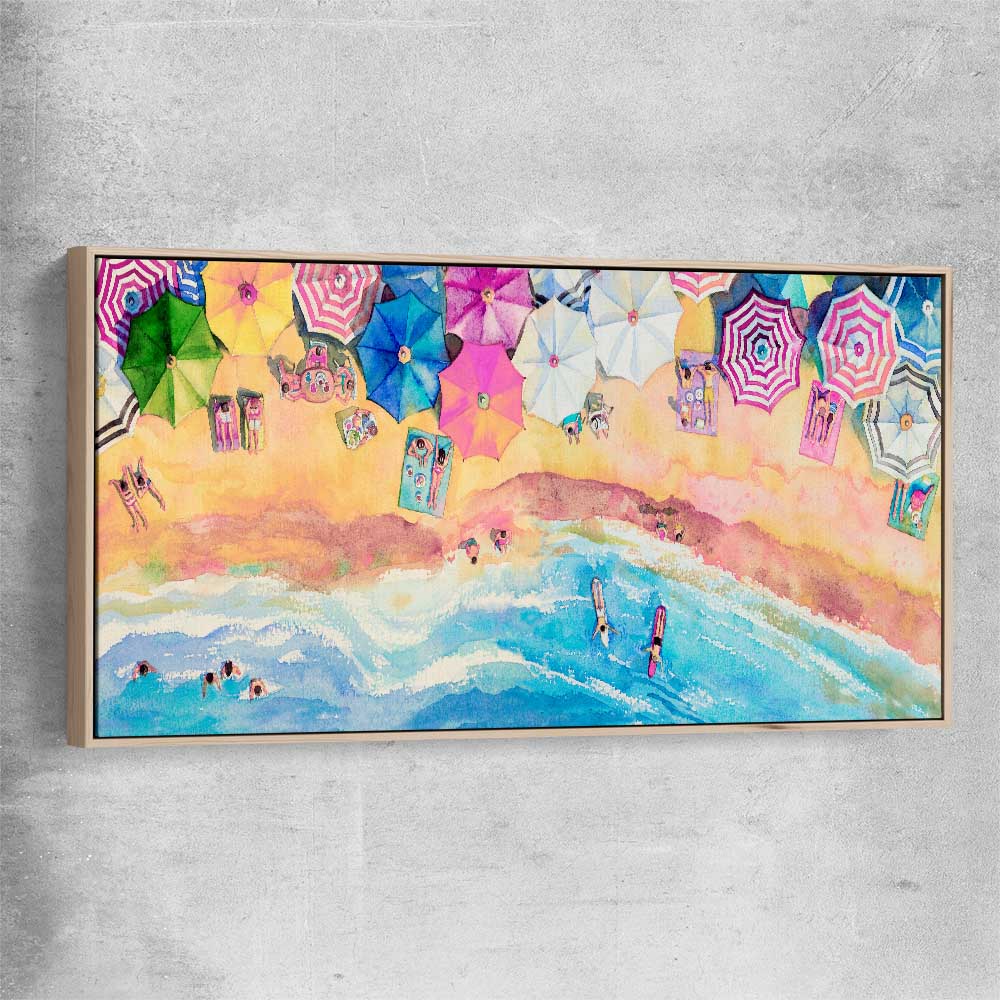 Beach and coastal wall art print of Watercolour Beachscape with raw oak framed canvas