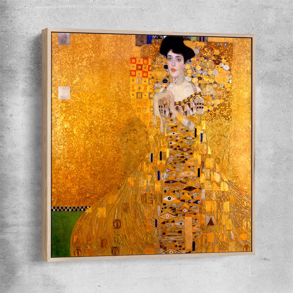 Classic wall art and canvas print of Adele Bloch-Bauer I Gustav Klimt with raw oak framed canvas