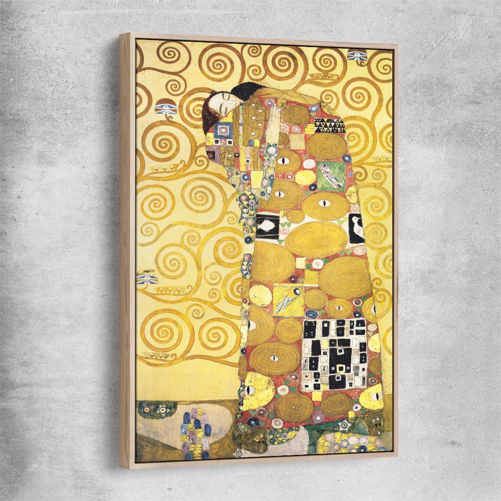 Classic wall art and canvas print of Fulfillment Gustav Klimt with raw oak framed canvas