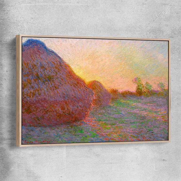 Classic wall art and canvas print of Haystacks Claude Monet with raw oak framed canvas