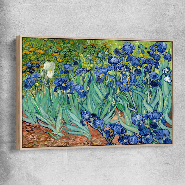 Classic wall art and canvas print of Irises Van Gogh with raw oak framed canvas