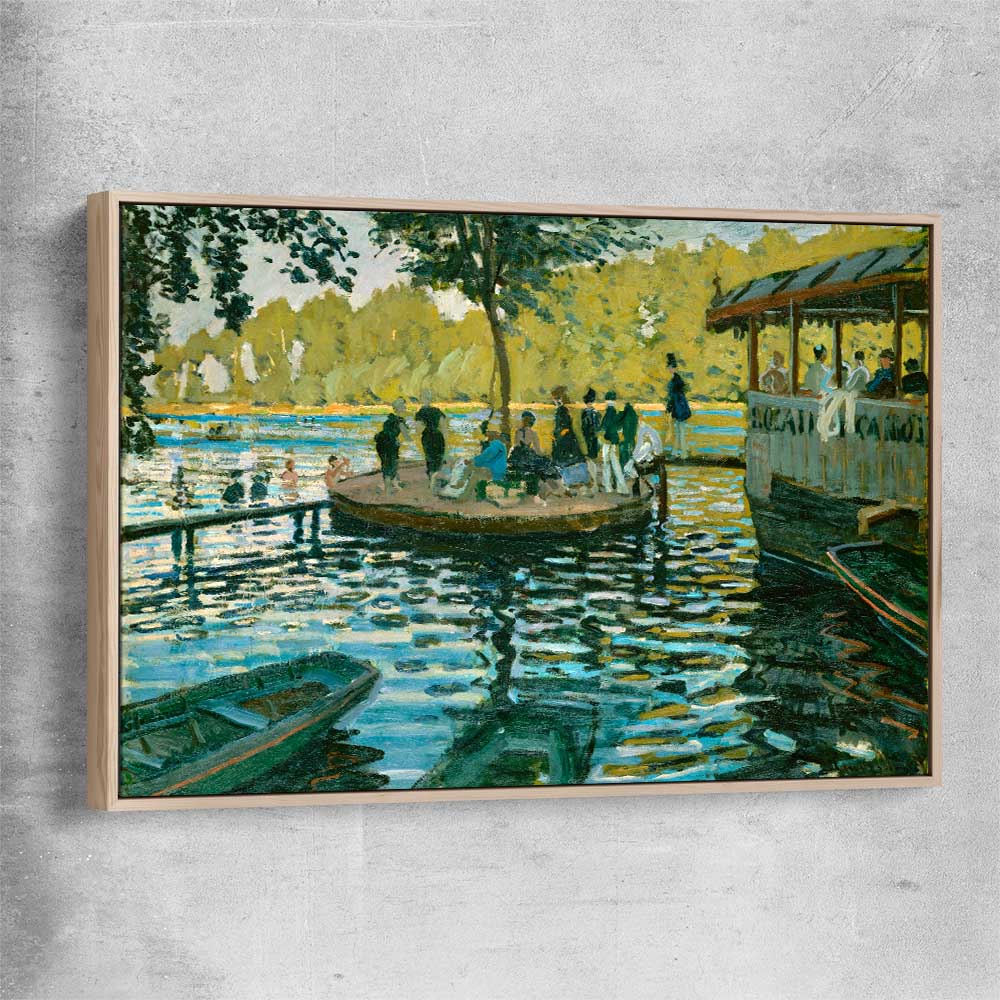 Classic wall art and canvas print of La Grenouillere Claude Monet with raw oak framed canvas