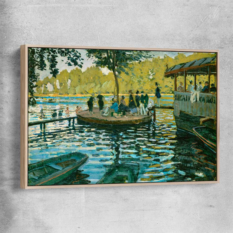 Classic wall art and canvas print of La Grenouillere Claude Monet with raw oak framed canvas
