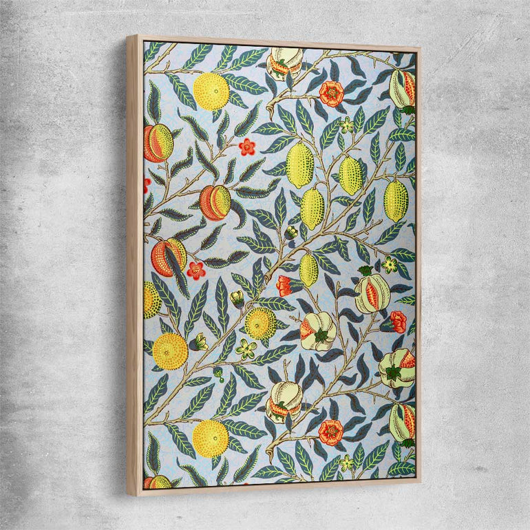 Classic wall art and canvas print of Pomegranate William Morris with raw oak framed canvas