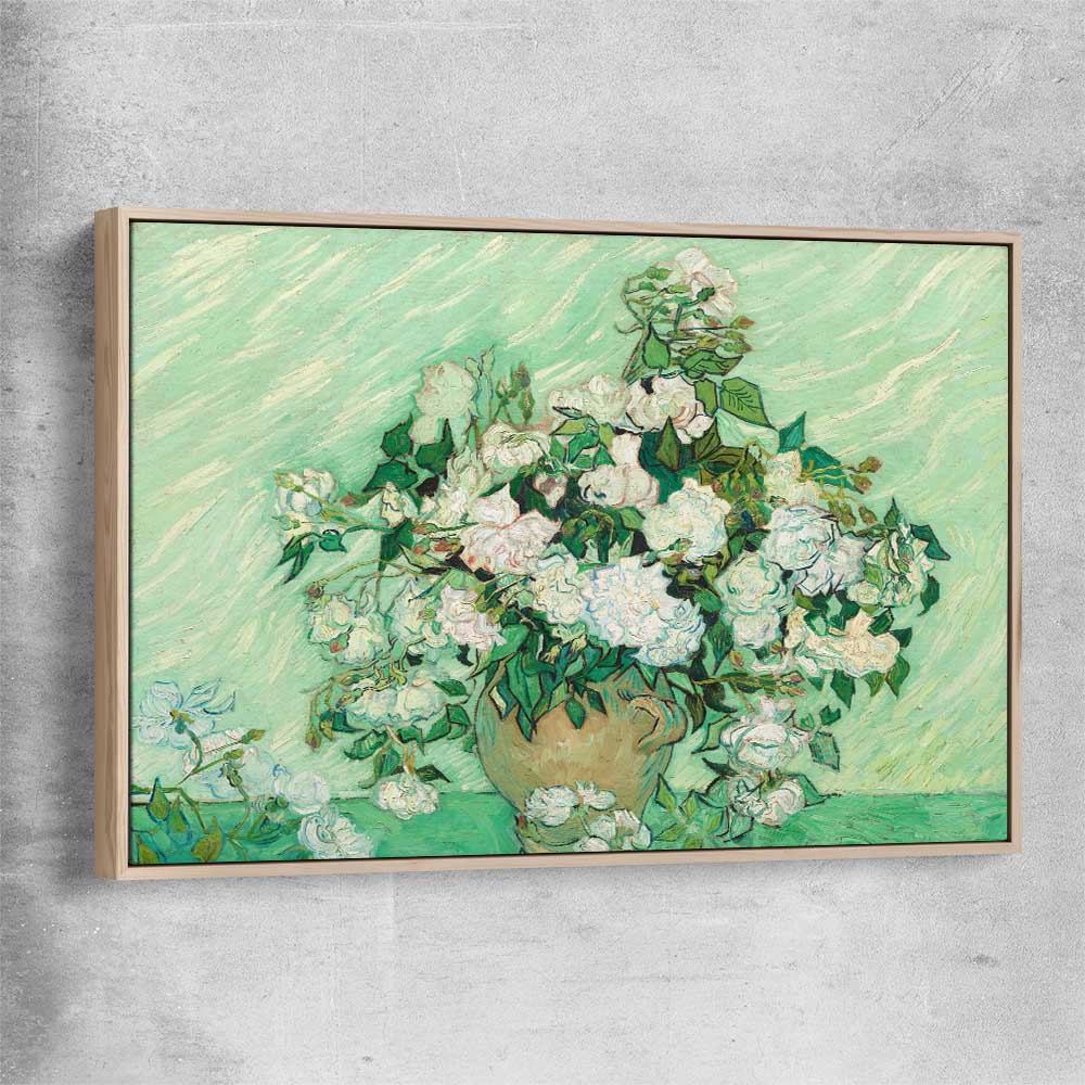 Classic wall art and canvas print of Roses Van Gogh with raw oak framed canvas
