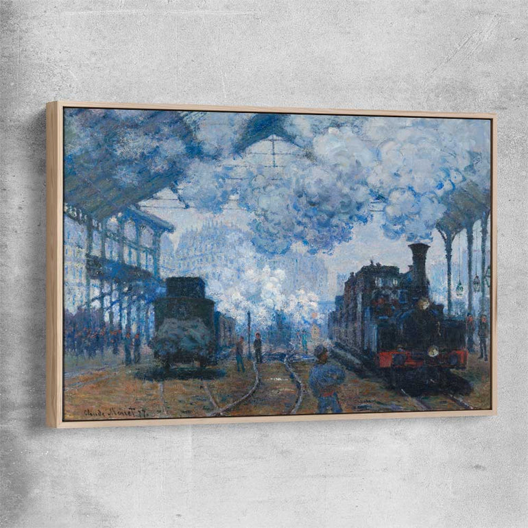 Classic wall art and canvas print of Saint-Lazare Claude Monet with raw oak framed canvas