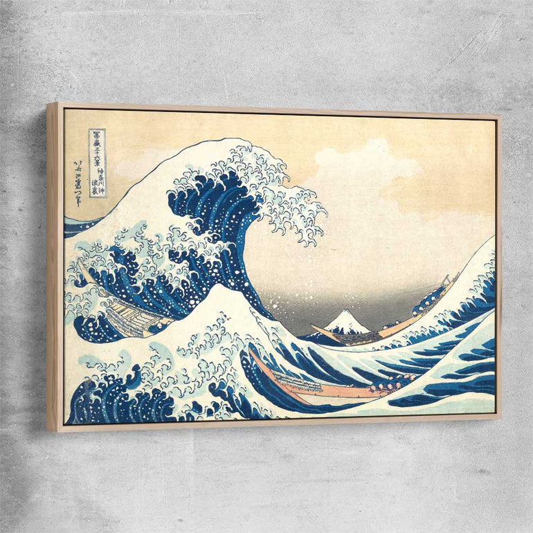Classic wall art and canvas print of The Great Wave Hokusai with raw oak framed canvas