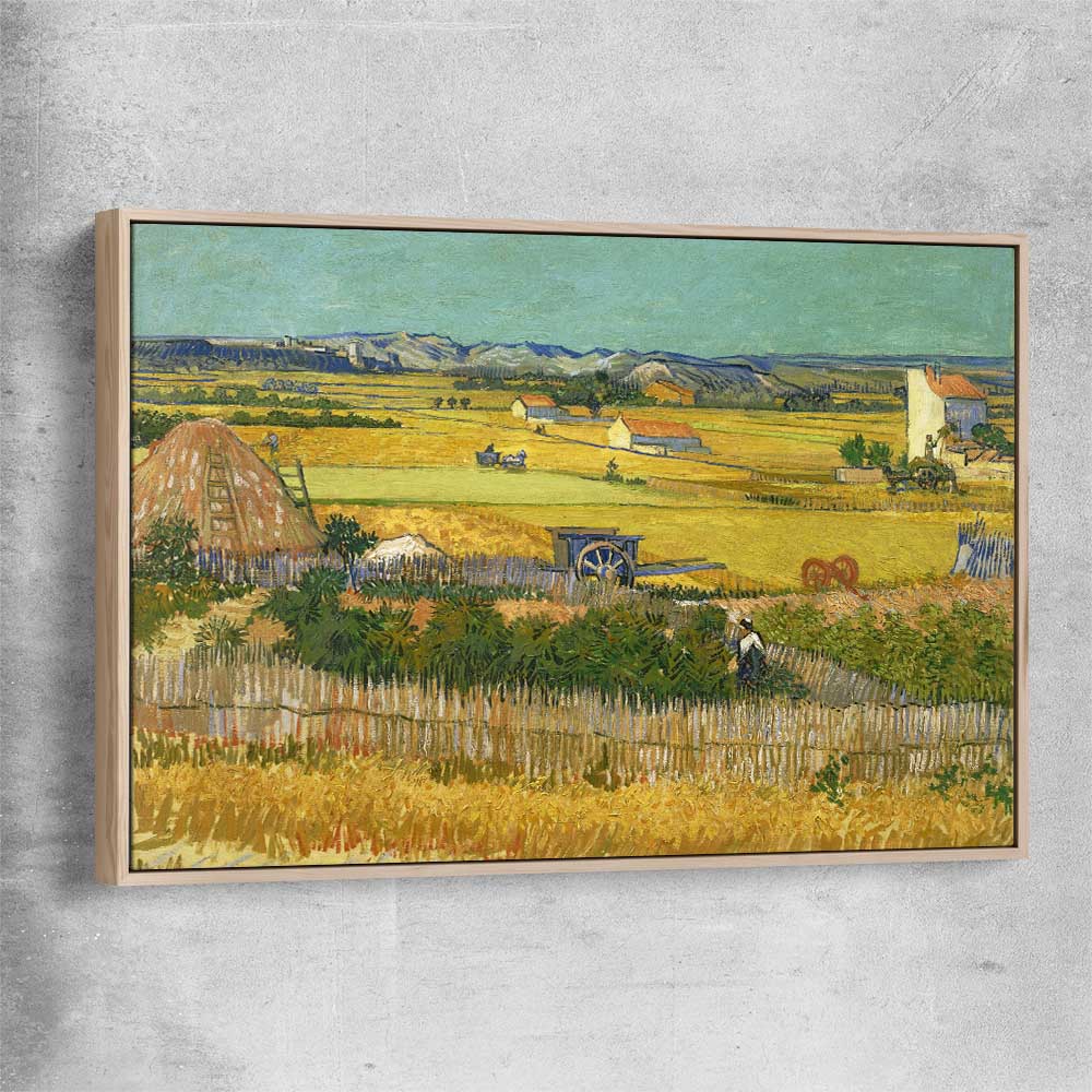Classic wall art and canvas print of The Harvest Van Gogh with raw oak framed canvas