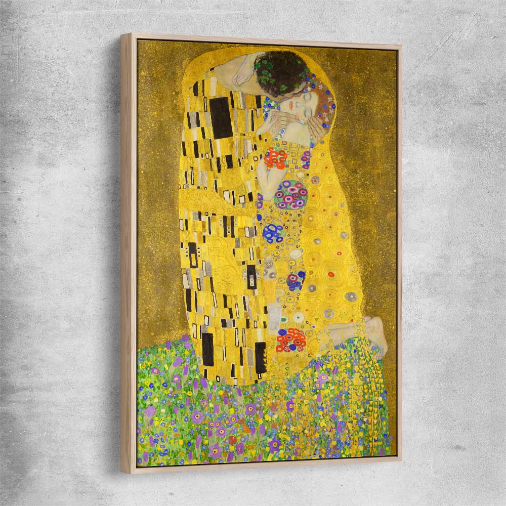 Classic wall art and canvas print of The Kiss Gustav Klimt with raw oak framed canvas