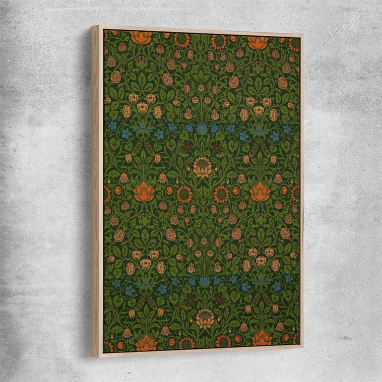 Classic wall art and canvas print of Violet Columbine William Morris with raw oak framed canvas