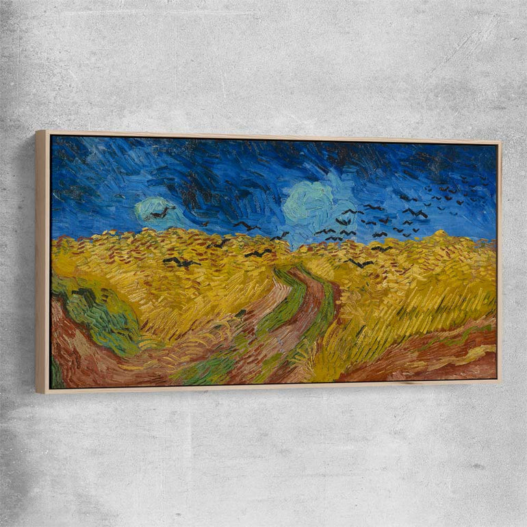 Classic wall art and canvas print of Wheatfield with Crows Van Gogh with raw oak framed canvas