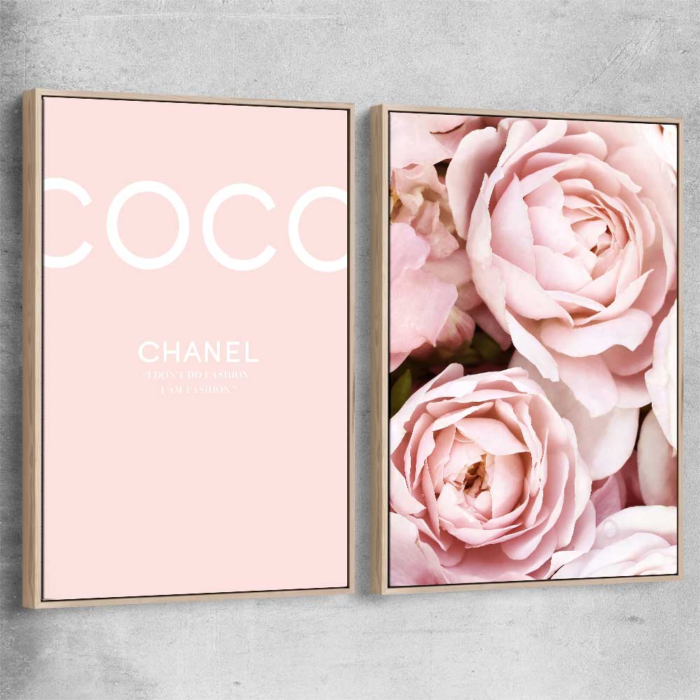 Coco Pink Pair raw oak framed canvas - part of our high quality fashion canvas wall art and prints collection