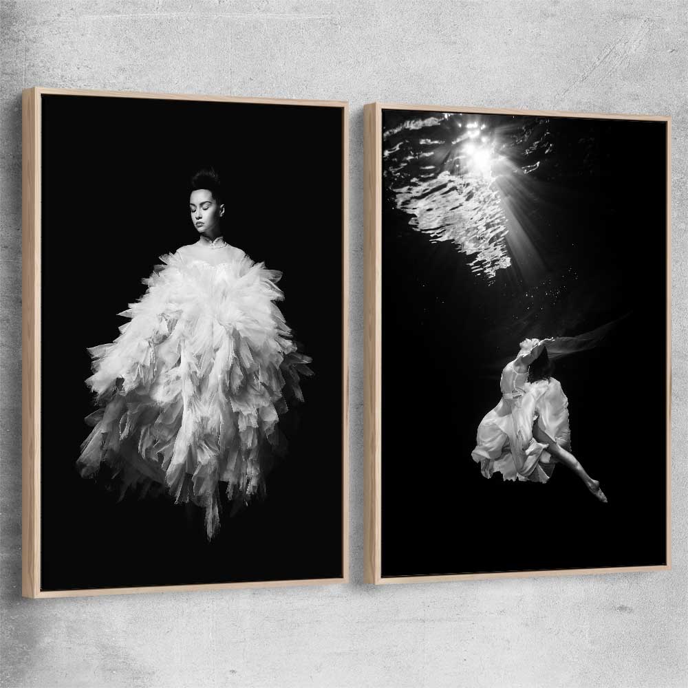 Evening Dress Pair raw oak framed canvas - part of our high quality fashion canvas wall art and prints collection
