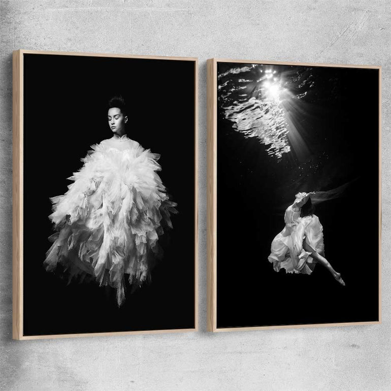 Evening Dress Pair raw oak framed canvas - part of our high quality fashion canvas wall art and prints collection