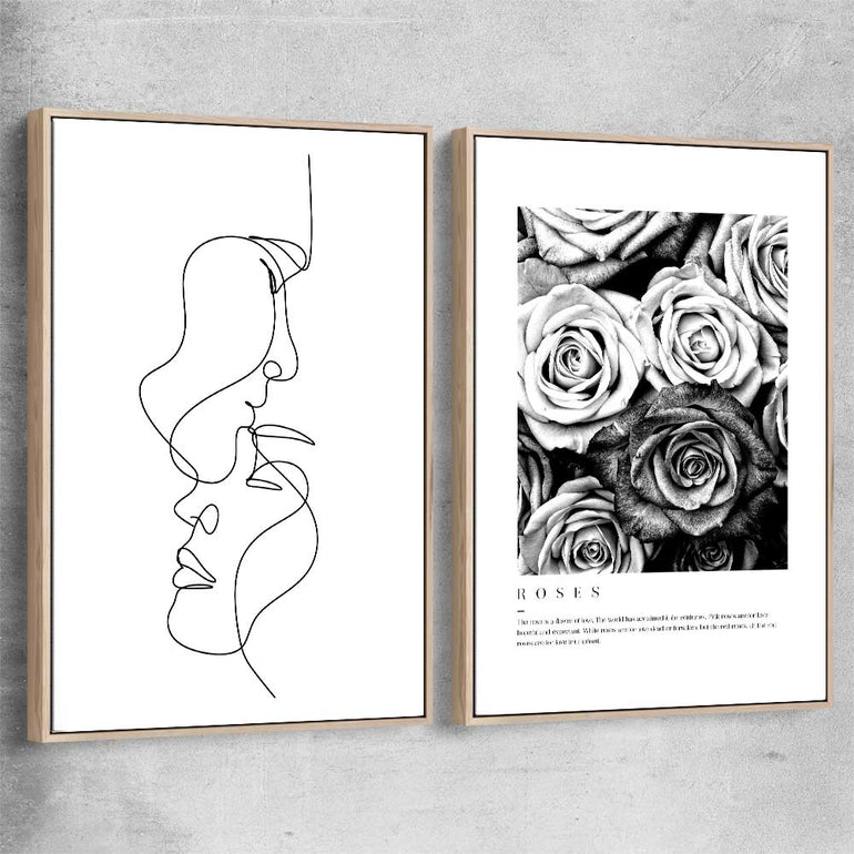 Grey Flowers Pair raw oak framed canvas - part of our high quality fashion canvas wall art and prints collection
