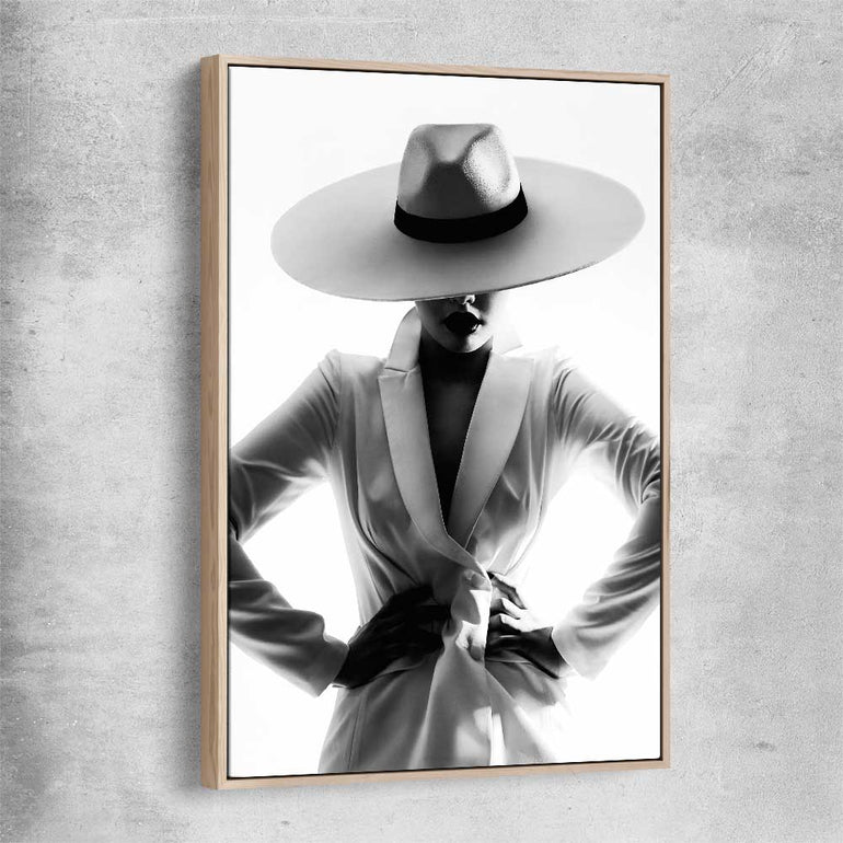 White Hat Gaze raw oak framed canvas - part of our high quality fashion canvas wall art and prints collection