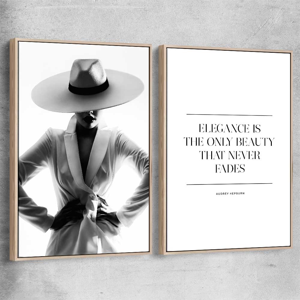 White Hat Gaze Pair raw oak framed canvas - part of our high quality fashion canvas wall art and prints collection