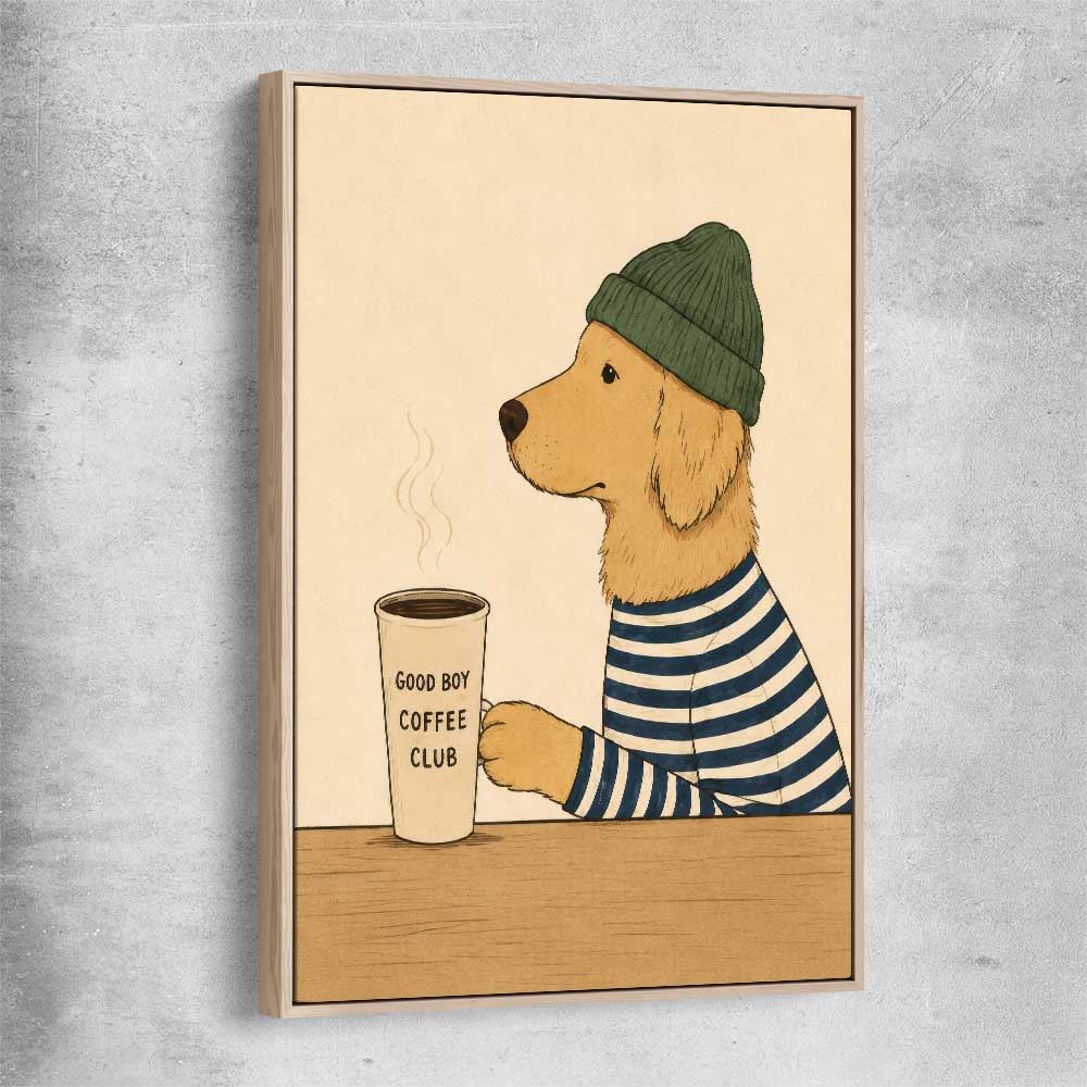 Inspirational wall art print of Good Boy Coffee with raw oak framed canvas