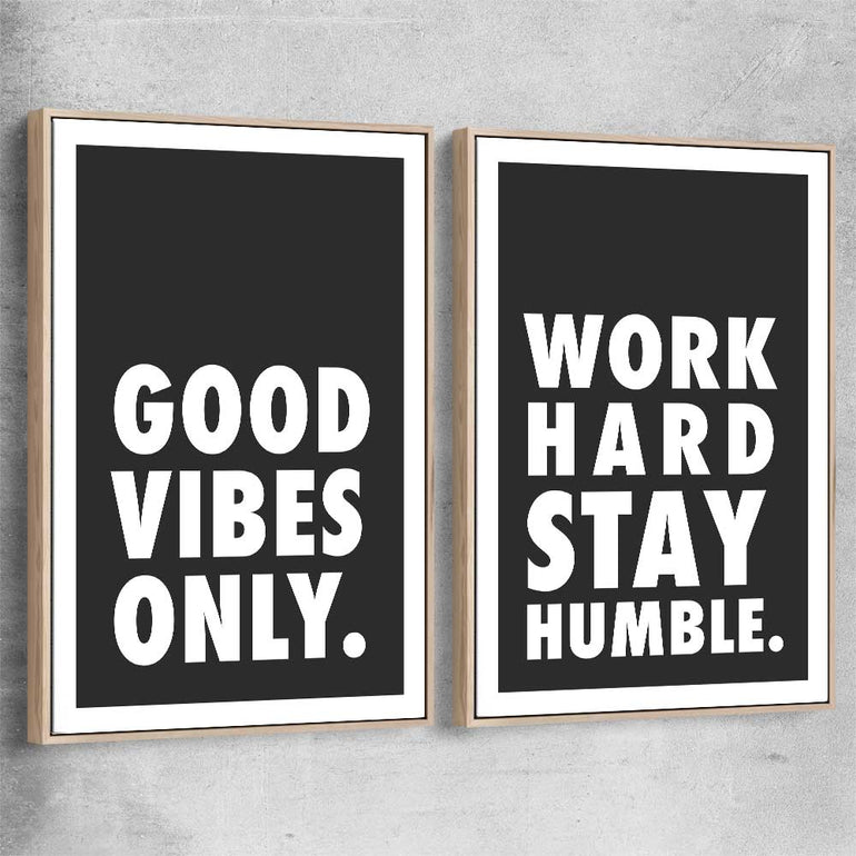 Inspirational wall art print of Good Vibes Pair with raw oak framed canvas