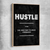 Inspirational wall art print of Hustle Definition with raw oak framed canvas