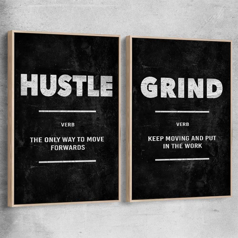 Inspirational wall art print of Hustle Definition Pair with raw oak framed canvas