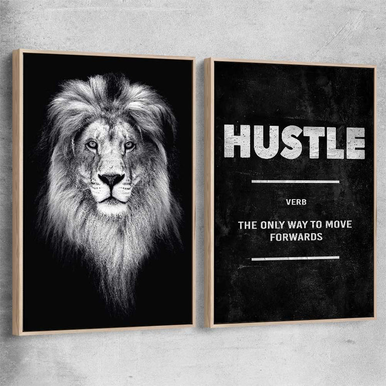 Inspirational wall art print of Lion Gaze Pair with raw oak framed canvas