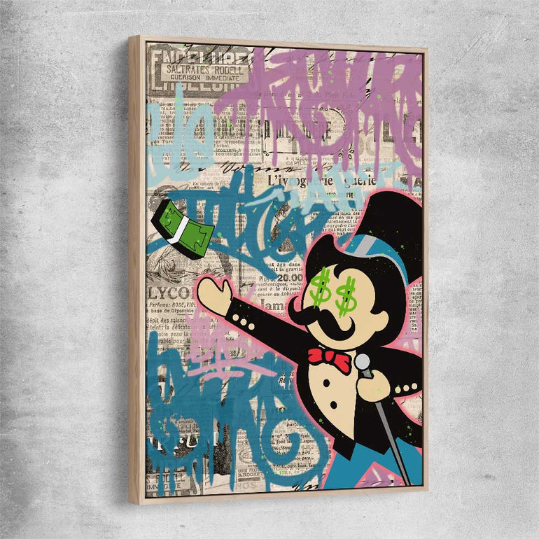 Moneybags Graffiti raw oak framed canvas - part of our high quality fashion canvas wall art and prints collection