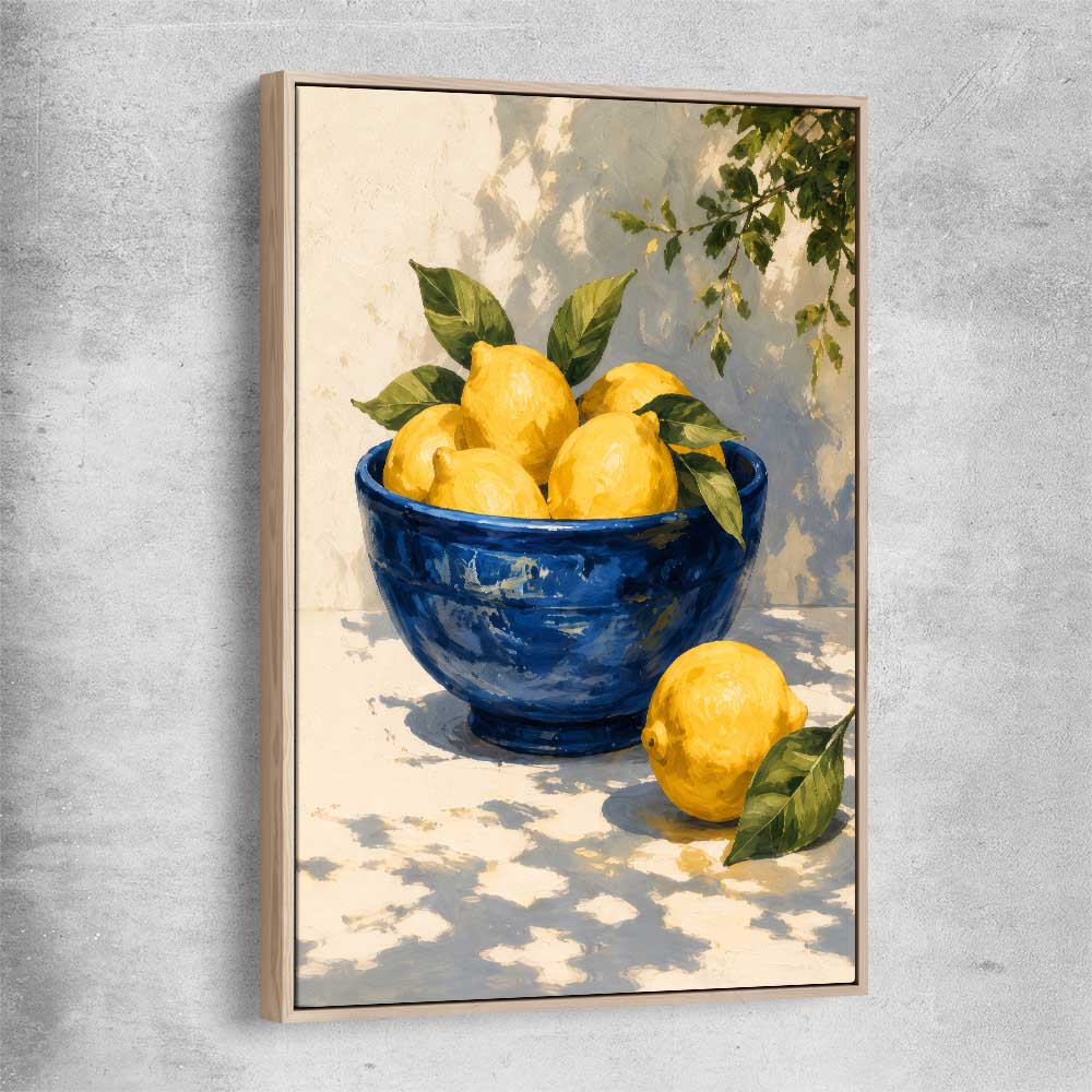 Amalfi Lemons raw oak framed canvas is a colourful and stylish canvas wall art and print suited for the kitchen area