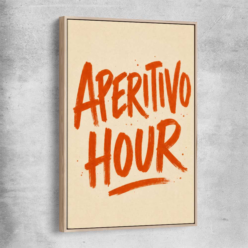 Aperitivo Hour raw oak framed canvas is a colourful and stylish canvas wall art and print suited for the kitchen area